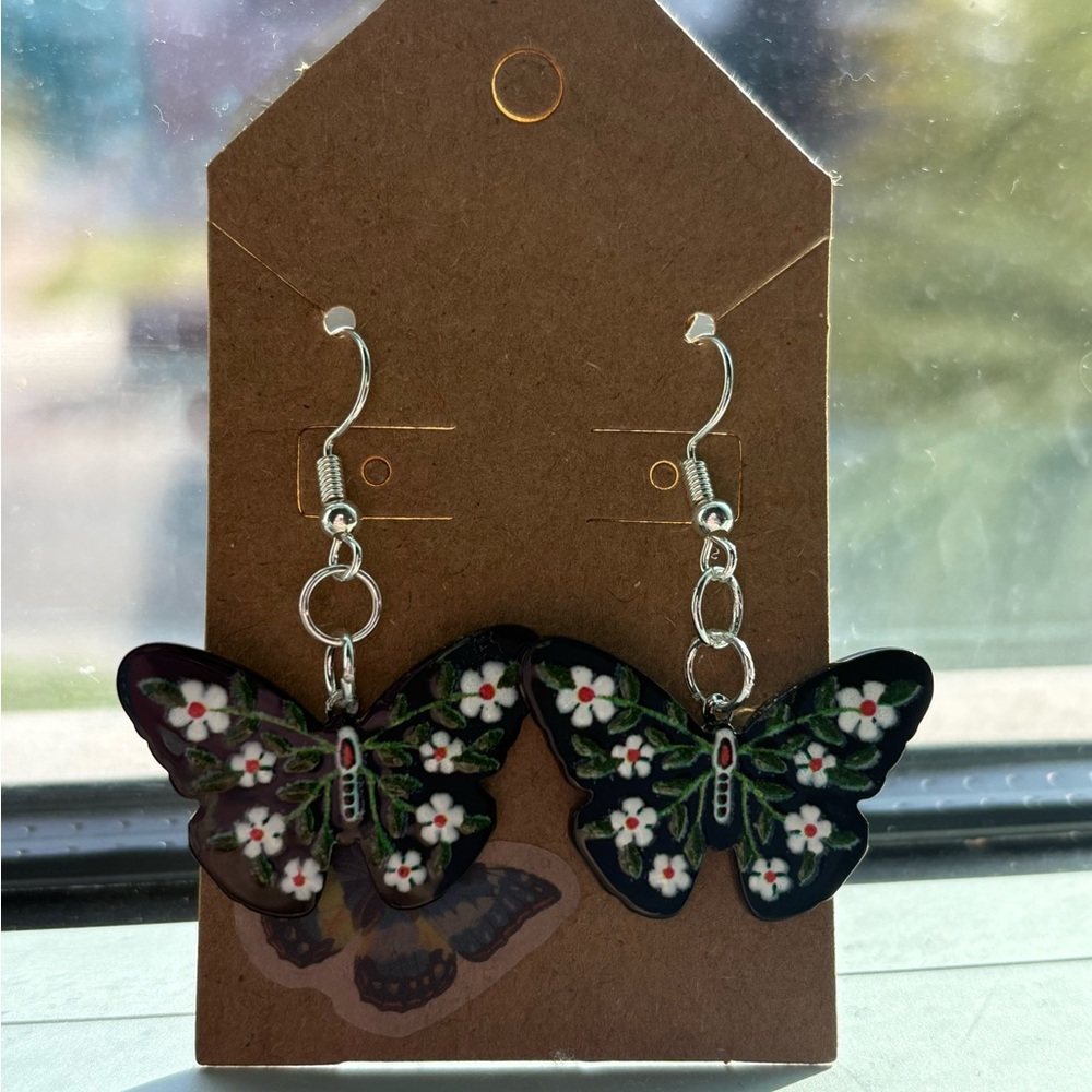 Handmade Black Floral Butterfly Earrings